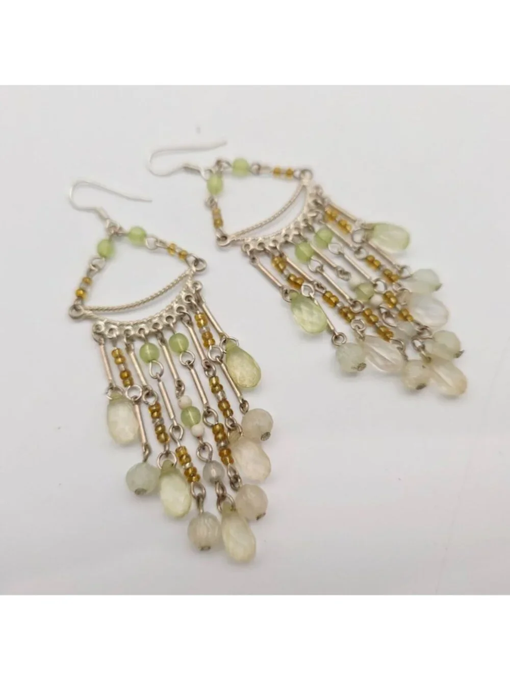 Dangle Chandelier Earrings Green & Yellow Beads On Silver-Tone Chains Boho Style